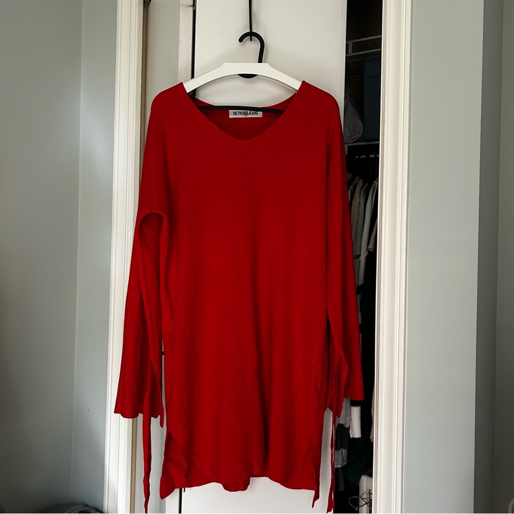 Red V-Neck Long Sleeve Sweater Dress